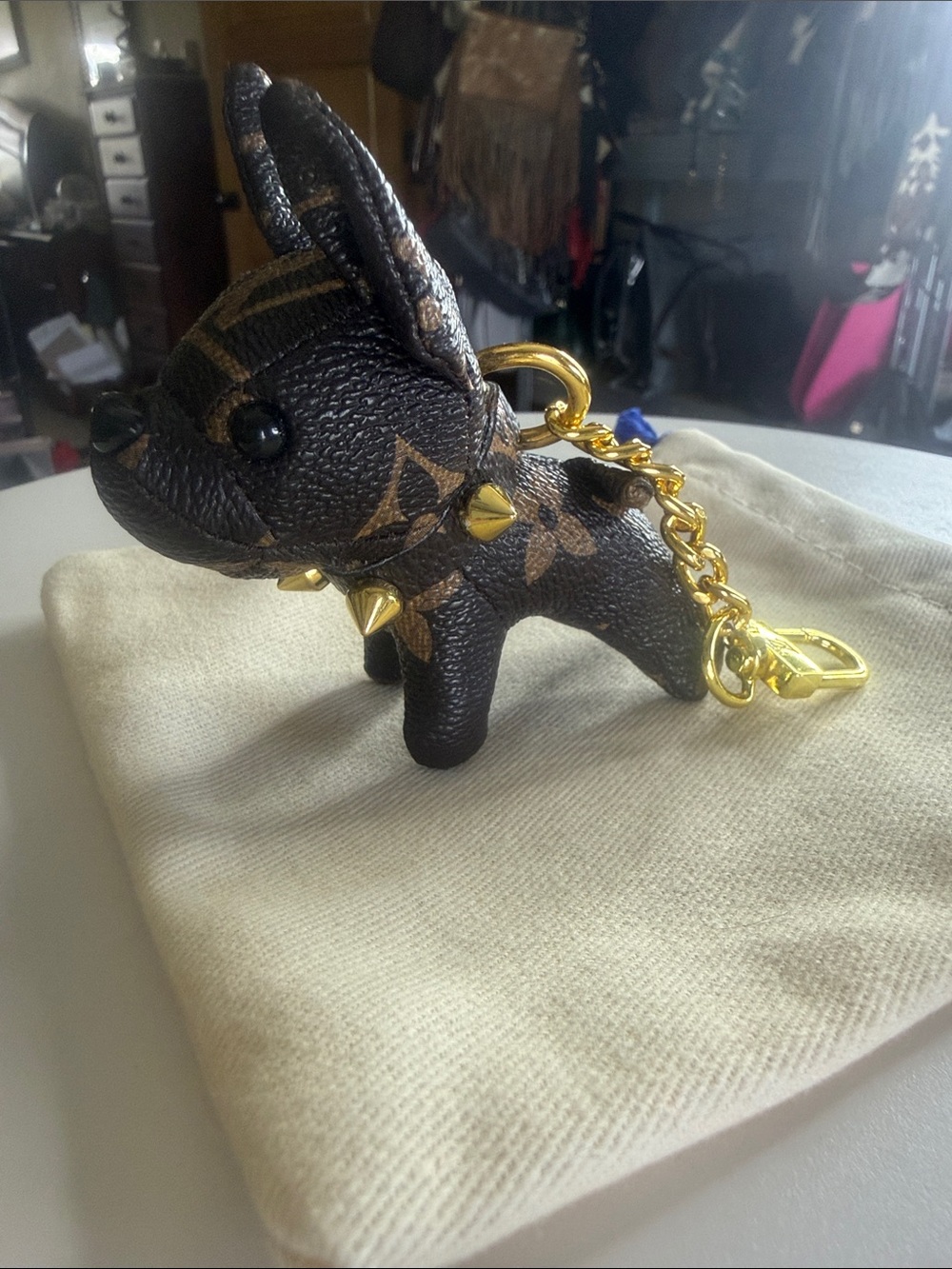 Mini Monogram-Pattern Brown & Gold Dog Charm Keyring